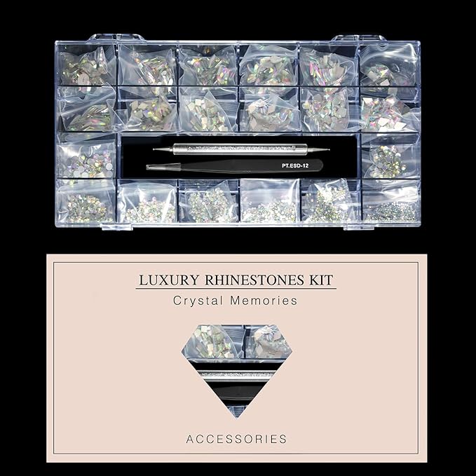 Yzzseven 12 Types of 600 Crystal AB Diamonds + 2500 Flat Rhinestones Mix 20 Styles Flatback DIY Crafts Rhinestone Crystals 3D Ornament‌s Flat Back Stones Set + Tweezers + Drill Pen