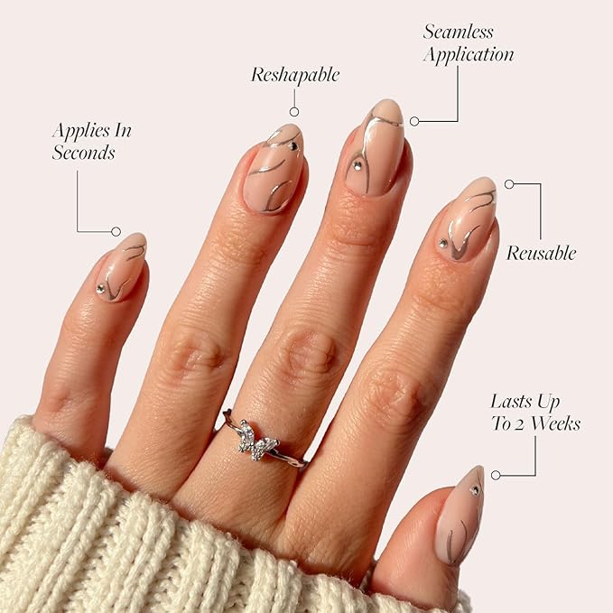 Glamnetic Press On Nails - Astro | Semi-Transparent 3D Metallic Silver Swirl Short Almond Fake Nails in a Glossy Finish | 15 Sizes - 30 Nail Kit with Glue