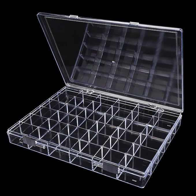 Noverlife 36 Grids Clear Plastic Jewelry Organizer Box, Nail Charm Holder Double Buckle Bead Organizer Storage Container Box, Empty Nail Box Organizer Earring Display Case Acrylic Bead Box for Women