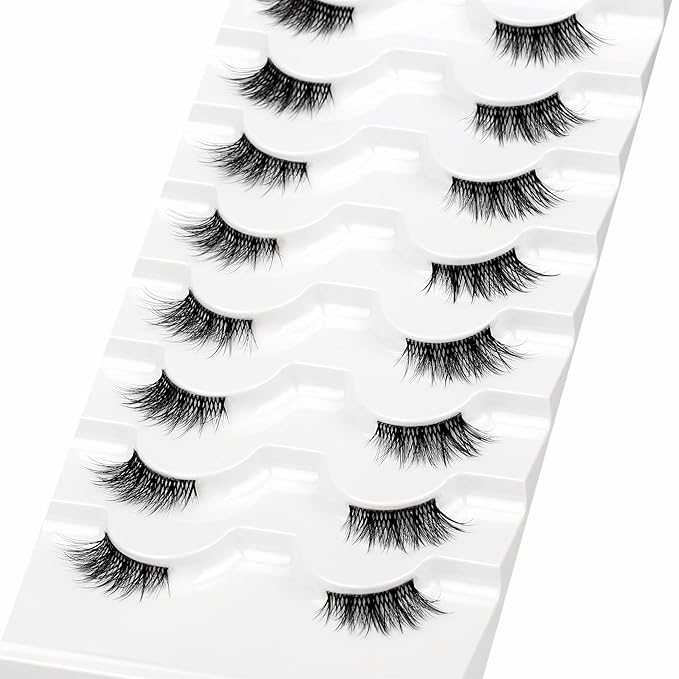 Natural Half Lashes Strips for Nude Makeup Fake Eyelashes Cat Eye Look Wispy Volume Fluffy 3/4 Band Asian Short Wispies Lashes 8 Pairs Small Accent Lash Clusters Extension Faux Mink Lashes Pack
