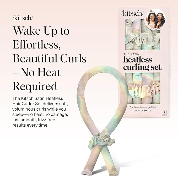 Kitsch Satin Heatless Curling Set – Heatless Curls Overnight with 34" Hair Curler & 2 Satin Scrunchies – Comfortable Hair Curlers to Sleep In for Frizz-Free, No Heat Damage Styling - Aura