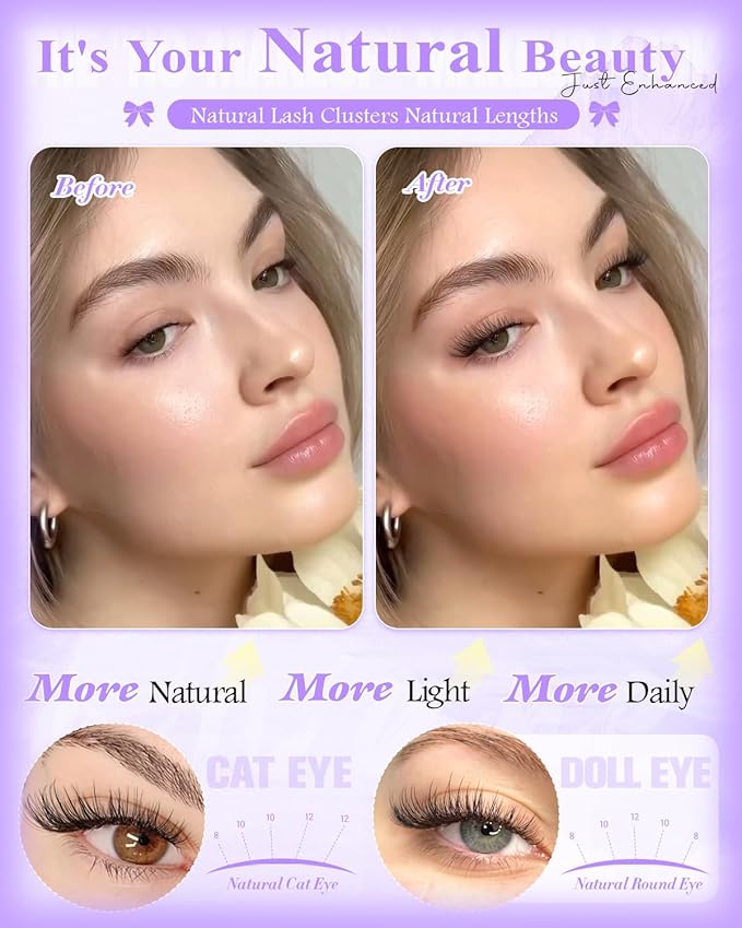 Wtvane Wispy Lash Clusters Natural Eyelash Clusters Venus Short 8-12mm Cluster Eyelash Extensions Invisible Band Cluster Lashes C-Curly Individual Lashes Clusters Extensions Natural Look Daily Wear