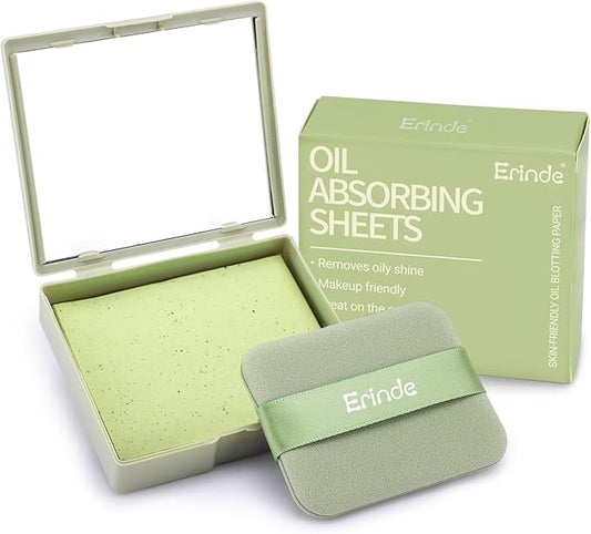 Erinde Oil Blotting Sheets for Face with Mirror and Puff, 100 Sheets Oil Blotting Paper for Oily Skin, Face Oil Absorbing Sheet, Natural Oil Control Film, Absorb Excess Oil, Makeup Friendly