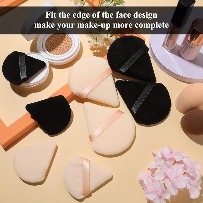 Maitys 12 Pcs Powder Puff Triangle for Face Makeup Cosmetic Loose Powder Puff Velour Soft Body Washable Reusable Foundation Sponge Wet Dry Makeup Tool for Women(Large, Small,Black, Nude Color)