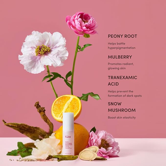 Botanic Pretti5 Peony+ Hyaluronic Brightening Serum for Uneven Skin Tone, Hyperpigmentation & Hydration, Lightweight, Clean Formula, Sensitive-Skin Friendly