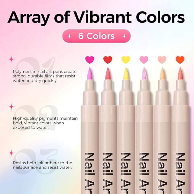 GELLAKTIK 6 Colors Nail Art Pens Set, 3D Nail Polish Pens Quick-Drying Acrylic Paint Markers, Dotting Liner Brush for DIY Nail Design, Home & Salon Manicure Tools