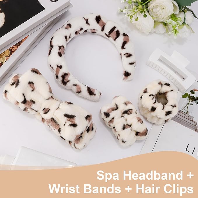 Canitor Spa Headband Wrist Bands with Hair Clips Leopard Print Makeup Skincare for Washing Face Skin Care Preppy Teen Girl Gifts Cute Trendy Stuff Hair Accessories for Women