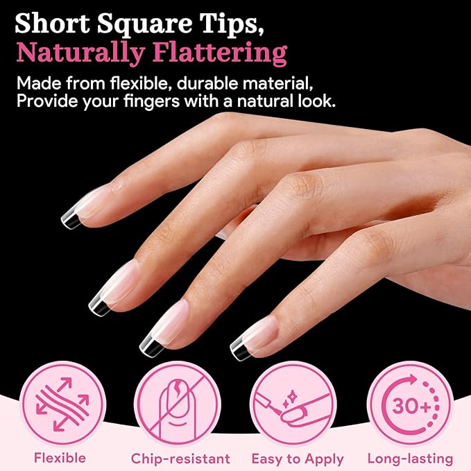 Qiek Short Square Fake Nail Tips - 15 Sizes 240 PCS Clear French Half Matte Press On False Nail Tips Pre-shaped Full Cover Gel Nail Tips Extensions Thick Long Lasting for DIY Beginners& Salon Manicure
