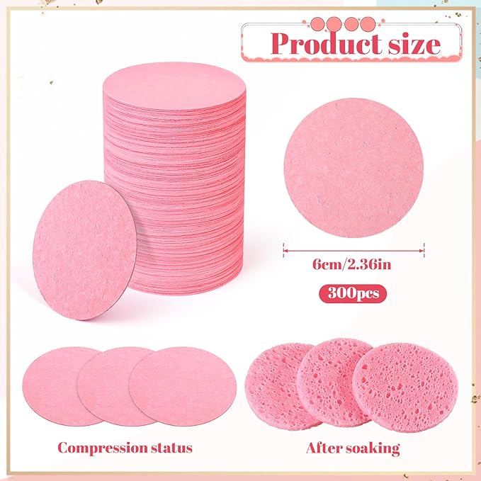 300 Count Compressed Facial Sponges Disposable Face Sponge Travel Facial Sponges for Estheticians, Cosmetic Sponge Face Exfoliating Pads Pink for SPA Cleansing Exfoliating Makeup Removal