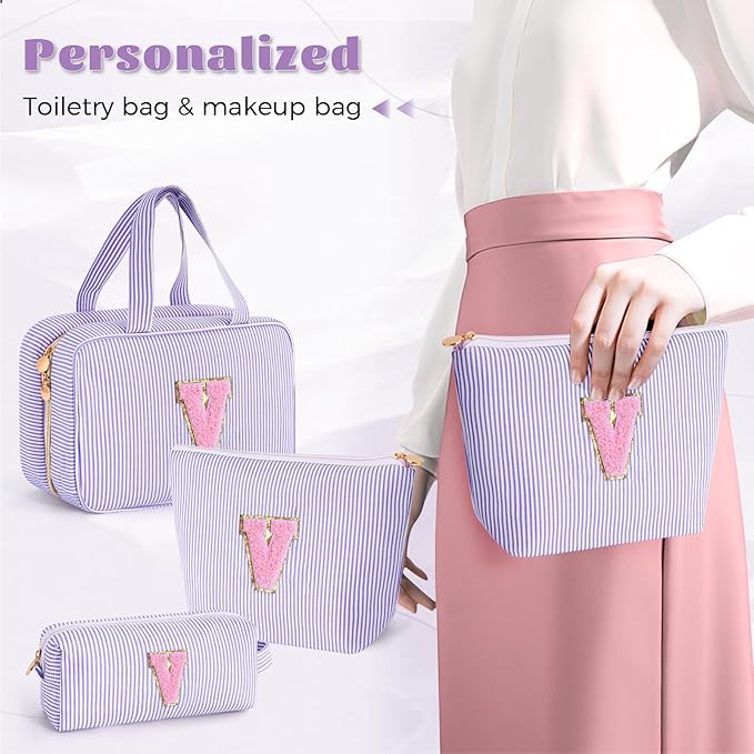 Cute Gifts Travel Toiletry Makeup Bag - Travel Cosmetic Bag for Women Yoga, Picnic, Personalized Friend Birthday Gifts with Monogram - Lavender,V