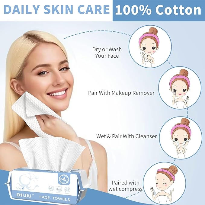 Disposable Face Towels 200 Count, Ultra Soft & Thick Facial Towels for Sensitive Skin, Biodegradable & Lint-Free Makeup Remover Dry Wipes, Multi-Purpose Cleansing Towelettes for Face Wipes