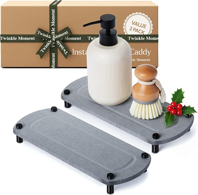 2PCS Water Absorbing Stone Soap Tray for Kitchen Bathroom Sink, Quick Dry Diatomaceous Earth Drying Rack and Shower Caddy, Soap Dispenser and Sponge Holder Organizer for Countertop