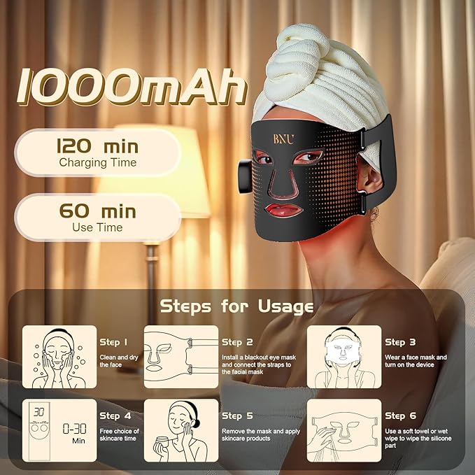 BNU Wireless Led Face Mask Light Therapy, 4 Modes Red Light Therapy for Face with 400 LED Beads, Dual 1000mAh Remote Control, 850NM Infrared Red Light Therapy for Anti-Aging at Home & Travel