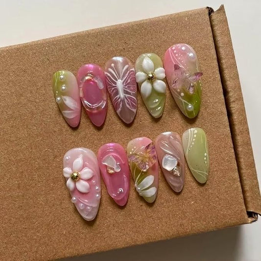Small Size MAGLFELL Press On Nails - 3D Almond Handmade Unique Fake Nails, Artistic Design, Thick Acrylic and Muti-Layer Gel False Nails (Size S)