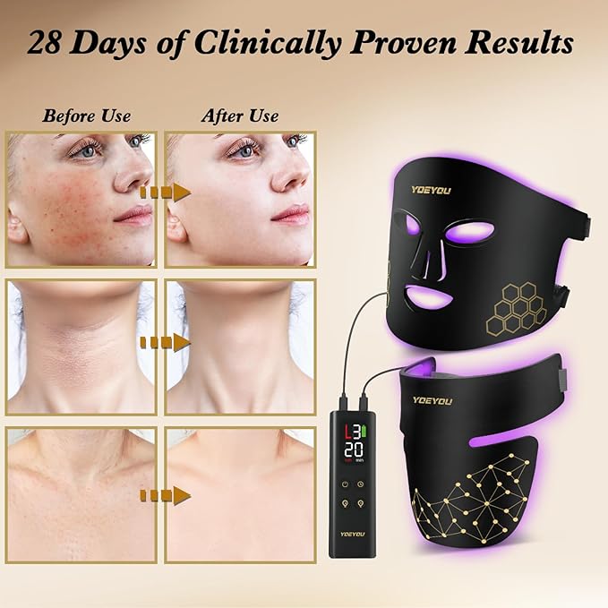 LED Face & Neck Beauty Mask, Red Light Therapy for Face & Neck, 4 Light Modes, Soft Silicone, 348 LEDs, Rechargeable Remote with Timer, Portable Cosmetic Skin Care Device for At-Home Glow