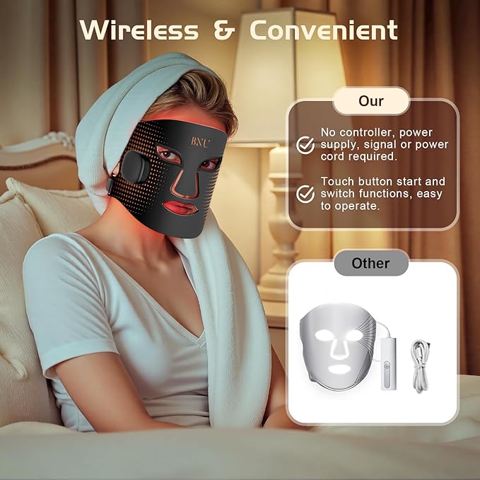 BNU Wireless Led Face Mask Light Therapy, 4 Modes Red Light Therapy for Face with 400 LED Beads, Dual 1000mAh Remote Control, 850NM Infrared Red Light Therapy for Anti-Aging at Home & Travel