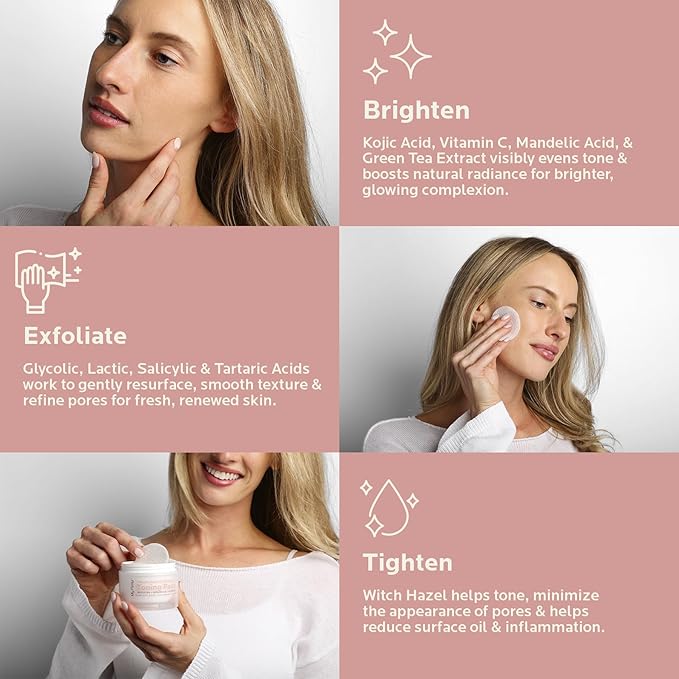 Multi Acid Toner Pads, Exfoliating Face Pads with Glycolic, Lactic, Mandelic, Kojic, & Salicylic Acid. Skin Pore Reducing, Toning, Resurfacing Facial Treatment for Wrinkles & Dull Skin - 50 Count
