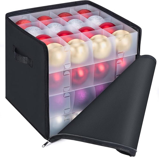 BALEINE Christmas Ornament Storage Box with Dividers, Premium Holiday Ornaments Storage Container Bin for Xmas Decorations (64 Ball, Black, Soft)