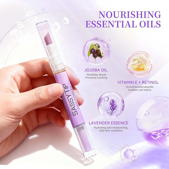 SASSYTIP Cuticle Pusher Oil Pen - Cuticle Remover & Nail Oil Pen with Rose & Lavender Scents, Portable Nail Care Pen for Work & Travel, Moisturizes & Strengthens Dry Cuticles (Lavender)