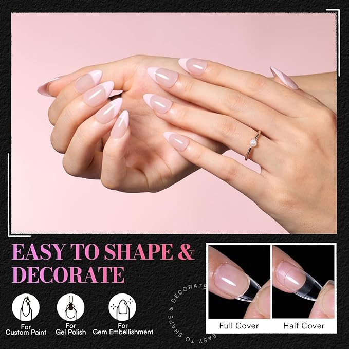 Makartt Short Almond Nail Tips: 504PCS, 15 Sizes, Pre Etched, Clear Artificial Fake Nails Almond Shapes - Full Cover Soft Acrylic Press On Nail Extensions Supplies Salon and DIY at Home