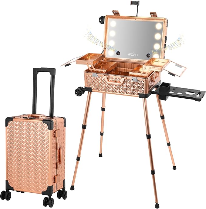 Rolling Makeup Train Case with Lighted Mirror and Bluetooth Speaker Professional Cosmetic Organizer Case with Wheels, Stands Portable Makup Station Vanity for Travel (Rose gold, Small)
