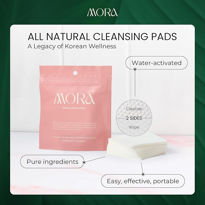 MORA Skincare Water-Activated Dry Cleansing Pads - Alcohol-Free Botanical Makeup Remover - Hand, Body, Face Pads for Women and Men - Portable - Safe for Sensitive Skin - 30 Count