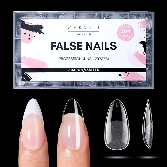 Makartt Medium Almond Nail Tips: 504 PCS, 15 Sizes, Half Matte, Clear Fake Nails Stiletto Shapes - Full Cover Soft Acrylic Press On Nail Extensions Supplies Salon and DIY at Home