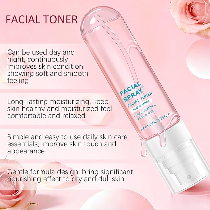 Nicotinamide Facial Spray with Rose, Aloe Extract & Vitamin E, Deep Hydration, Smooth and Hydrated Skin for All Skin Types, 3.38 fl oz
