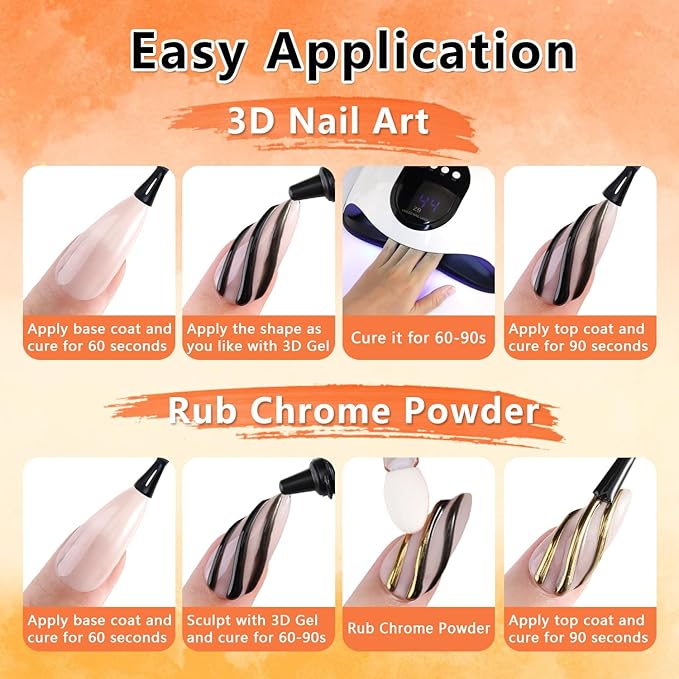 SUTOKAKA 3D Gel Nail Art & Chrome Nail Powder Kit, 15g Black Sculpting Gel No Wipe Molding Gels with Gold Silver Metallic Mirror Effect Chrome Powder Manicure Decoration DIY Salon Home Use