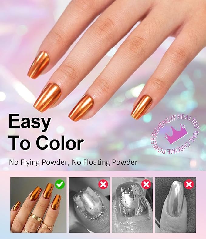 BISHENGYF Rose Gold Chrome Nail Powder: Metallic Mirror Powder Holographic Pigment Powder Silver Green Chrome Nail Powder for Nails Rose Gold Nail Chrome Powder for Nails Art DIY Decoration
