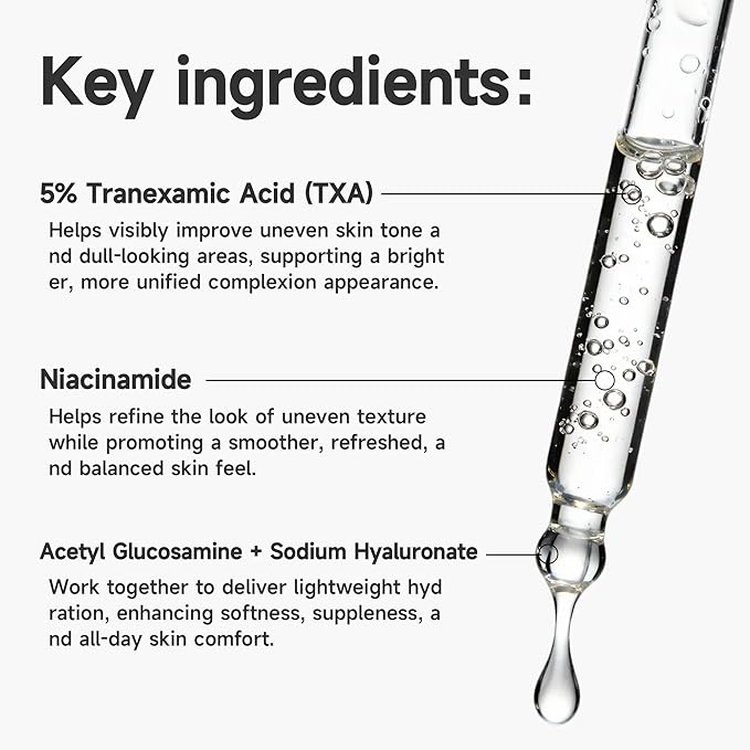 Tranexamic acid serum 5% TXA & Niacinamide Facial Serum - Helps Brightens Skin, Evens Tone & Boosts Radiance, Lightweight Daily Serum, All Skin Types, 1 Fl Oz