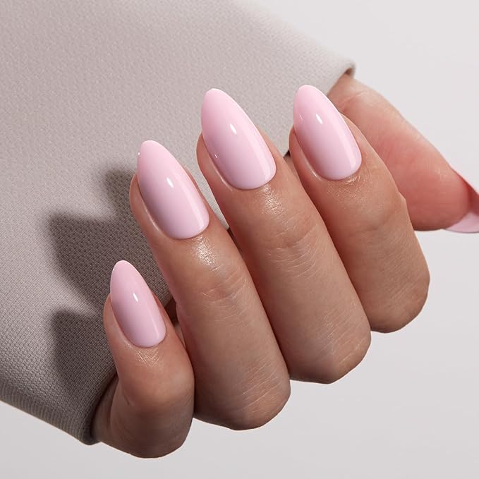 VSALON Press on Nails Short Almond - Pastel Baby Pink Fake Nails Kit for Women, Reusable Solid Opaque Soft Gel Glue on Nails with Glue, Protector Cuticle Oil - 32 PCS Stick on Nails in 16 Sizes