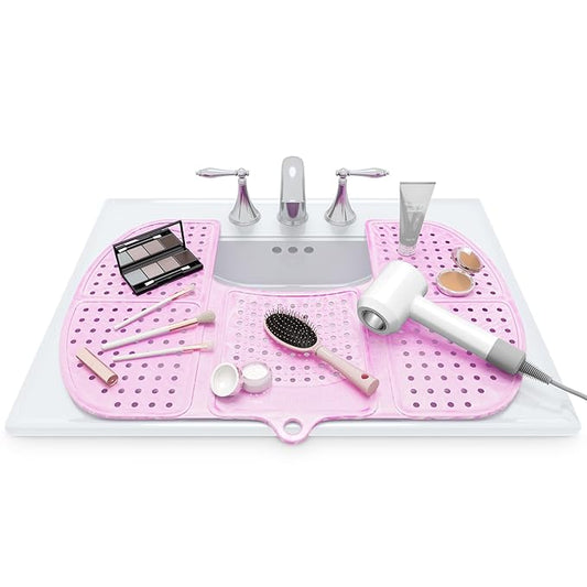 Sink Topper Bathroom Sink Cover for Counter Space & Storage Saver | RV Must Haves | Silicone Foldable Beauty Makeup Brush Cleaning Mat | Hot Tools Organizer | RV Sink Cover | Large, Pink