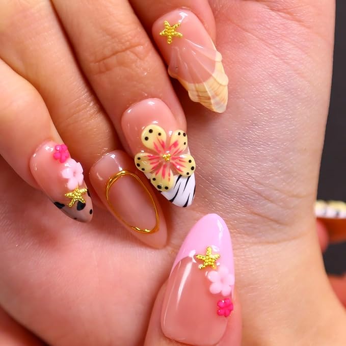 MAGLFELL Press On Nails Medium Almond Nails, Handmade 3D Design Fake Nails with Thick Acrylic Multi-Layer Gel Nails, Reusable Durable DIY Artificial Nails for Women (10 Pieces)