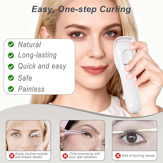 Lilonthy Heated Eyelash Curler, Type-C Rechargeable with 3 Temp Settings & Safe Silicone Pad for Natural Curls, Travel-Friendly (White)