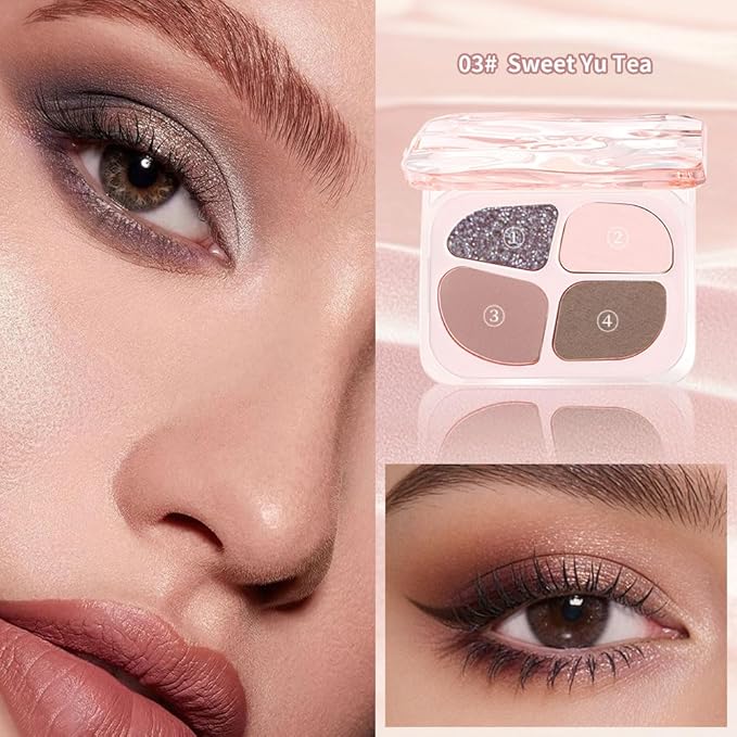 Pink Eyeshadow Palette – 4-Color Mauve Nude & Baby Pink Matte Shades with Lavender Silver Glitter, High Pigment Long-Lasting Blendable Eye Shadow Quad for Daily Soft Glam & Natural Cool Tone Looks