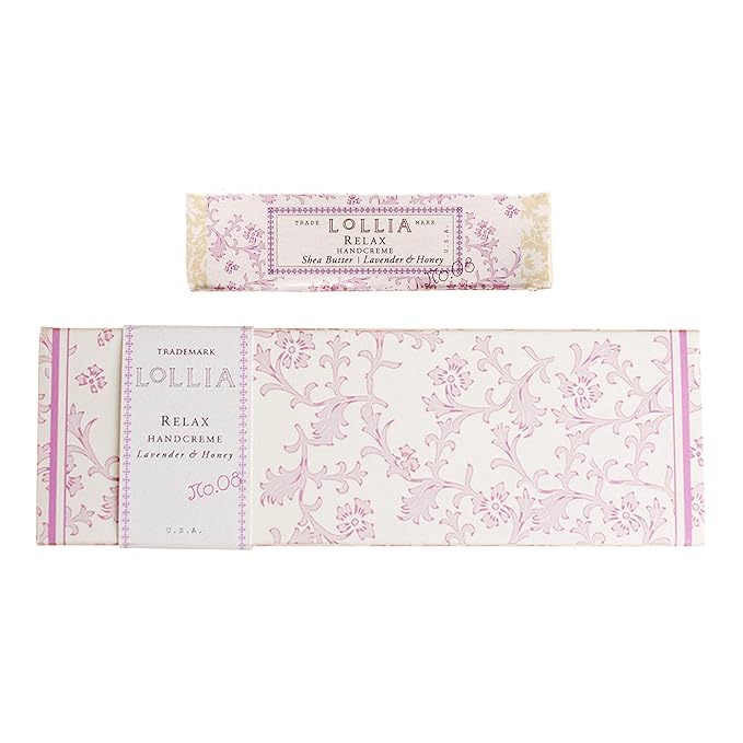 LOLLIA Relax Handcreme Bundle, 4 oz. & .33 oz. – Lavender & Honey – Scented Hand Cream for Women, Moisturizing Hand for Dry Hands, Shea & Cocoa Butter, Quick Absorbing Lotion, Travel Lotion