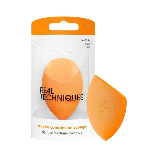 Real Techniques Miracle Complexion Sponge, Makeup Blending Sponge, For Liquid & Cream Foundation, Offers Light To Medium Coverage, Natural, Dewy Makeup, Orange Sponge, Latex-Free Foam, 1 Count