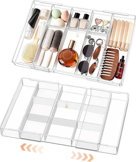 Expandable Desk Drawer Organizer, Acrylic Drawer Organizer Trays with 11 Adjustable Compartments 6 Removable Dividers Desk Accessories for Makeup Utensil Junk Office Kitchen Bathroom ( Clear, 2Pcs )
