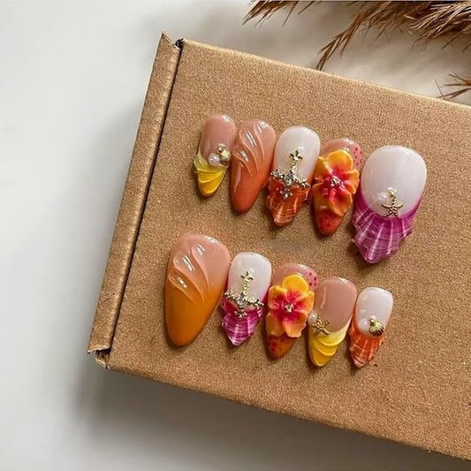 Press On Nails - French Tips Almond Handmade Unique Fake Nails, Orange and Pink Pairing, Thick Acrylic and Muti-Layer Gel False Nails, Reusable Gel Cured Sturdier 3D Fake Nails Set (Size S)