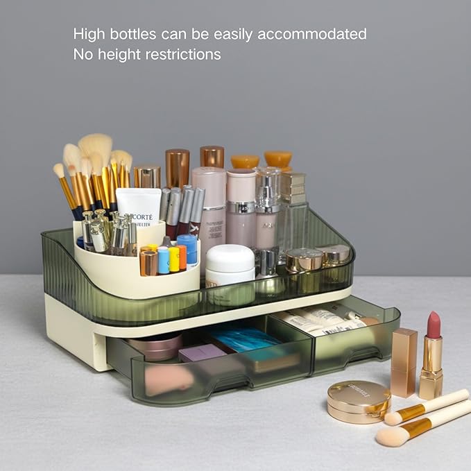 Extra Large Capacity Makeup Organizer with Brush Holder - Plastic Vanity Countertop Storage for Full Skincare & Cosmetic Collection