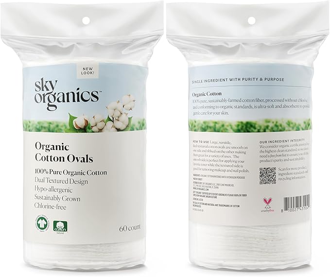 Sky Organics Organic Cotton Large Pads for Makeup Removal, Cleansing, Toner Application, 100% Pure Organic Cotton, GOTS Certified, Dual Textured Design