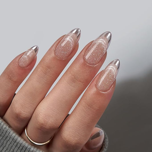 BTArtbox Almond Press On Nails Medium - Lamp-Curable Metallic French Tip Cat Eye Press On Nails with Glue for Women, Soft Gel Glue On Nails in 15 Sizes - 30 Stick On Nails Kit, Silver Storm