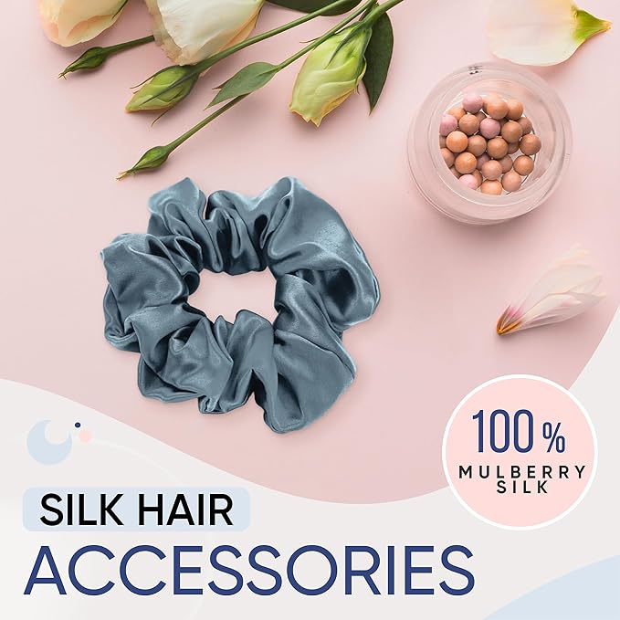 Blissy Silk Scrunchies (3 Pack) - 100% Pure Mulberry Silk - 22 Momme 6A High-Grade Fibers Scrunchie for Straight & Curly Hair - Preventing Breakage, Tangling, & Creasing (Ash Blue Regular)