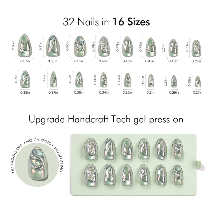 VSALON Press on Nails Short Almond - Chrome Silver Cat Eye 3D Swirl Design Fake Nails Kit for Women, Reusable Salon Quality Glue on Nails - 32 PCS Stick on Nails in 16 Sizes with Glue & Cuticle Oil