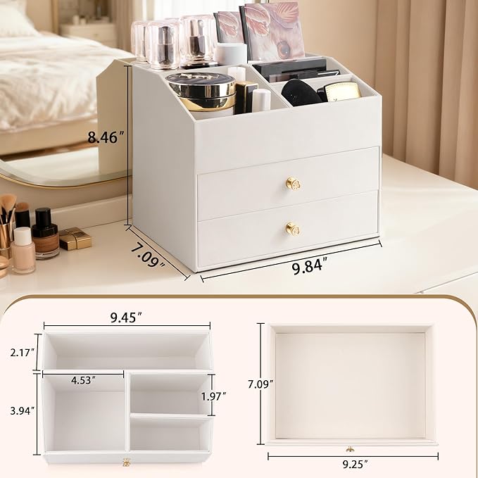 Homeanda Makeup Organizer with Drawers, PU Leather Cosmetic Storage Box Large Cosmetic Display Case for Skincare, Lipstick, Brushes, Bedroom Storage(White)