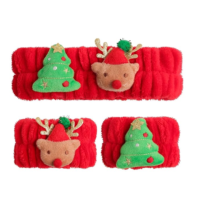 PERFECTSIGHT 2 Pack Cute Animal Headbands for Makeup Wash Shower Adjustable Elastic Hair Band for Girls and Women (Red Christmas)