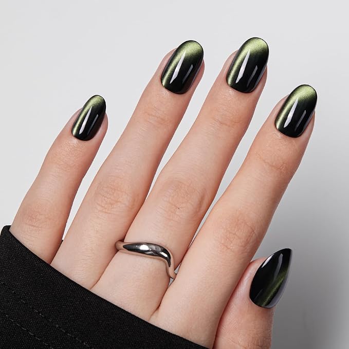 VSALON Press on Nails Short Oval - Dark Green Cat Eye Holographic Glitter Fake Nails Valentines Gifts for Woman, Reusable Opaque Gel Glue on Nails with Glue & Cuticle Oil - 32 PCS Stick on Nails in 16