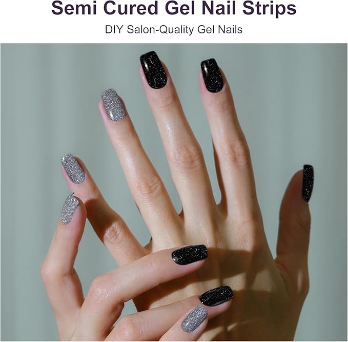 DUKASOU Semi Cured Gel Nail Strips, 56Pcs Nail Art Stickers/Wraps, Long Lasting UV Nail Polish Strips for Adults(Black Silver+White French Tip)