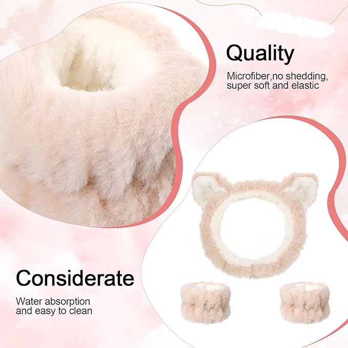 XLIUAX Headbands for Women, Elastic Spa Headband with 2pcs Wristband Set, Cute Plush Cat Ears Puffy Head Band Makeup Hair Band for Washing Face Skincare Yoga Facial Mask(Beige)